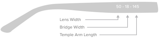 The arm of a pair of glasses detailing the location of the lens width, bridge width and temple arm length